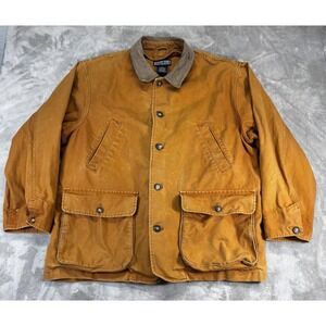 Lands End Field Jacket Mens XL Brown Cotton Canvas Leather Trim Barn Coat Good